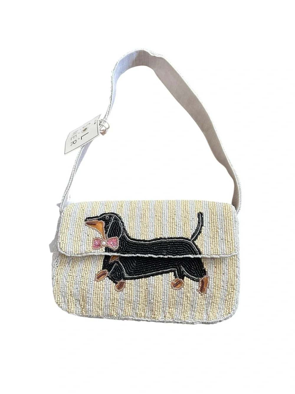 NWT Beaded Dachshund Crossbody Bag - White, yellow